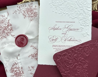 Embossed Wedding Invitations, Deckled Edge Handmade Cotton Paper, Roses burgundy vine