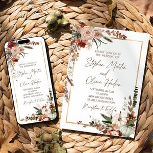 May include: A wedding invitation with a gold frame and floral design. The invitation reads "Kindly join us at the wedding of Stephen Martin and Olivia Hudson" with the date and time of the wedding, the address, and the words "Reception to Follow".