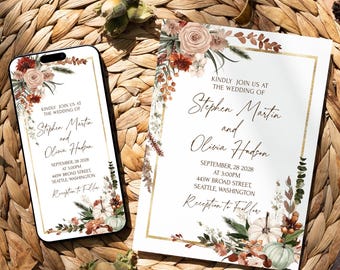 Fall Floral Wedding Invitation Template: Autumn Boho (Editable)