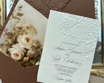 Embossed Wedding Invitations, Deckled Edge Handmade Cotton Paper, Roses Brown Rose