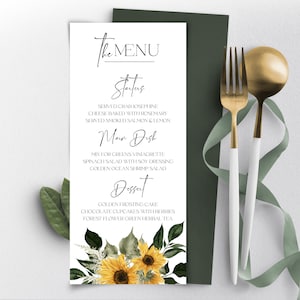 Modèle de menu TOURNESOL, carte de menu de mariage rustique imprimable, menu du dîner modifiable, à essayer avant l'achat, menu jaune pour le dîner
