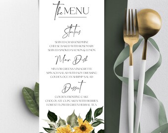 Sonnenblume Hochzeitsmenü Vorlage: Rustikale Dinner Karte zum ausdrucken