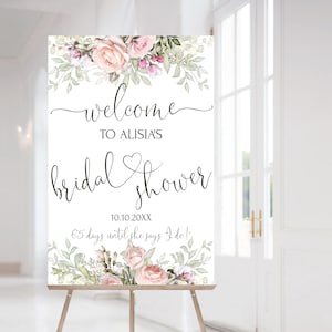 Modèle de plaque de bienvenue pour la douche nuptiale rose thé, affiche de bienvenue pour la mariée rose fard à joues modifiable, panneau de bienvenue pour la mariée imprimable rose de jardin | LE200