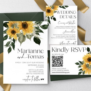 Sunflower Wedding Invitation Set Template | Yellow Printable Wedding Invite Bundle | Rustic Editable Invites wedding | Rsvp with QR code