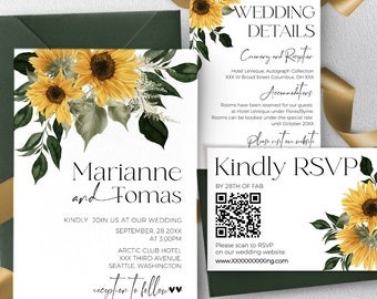 Sunflower Wedding Invitation Set Template | Yellow Printable Wedding Invite Bundle | Rustic Editable Invites wedding | Rsvp with QR code