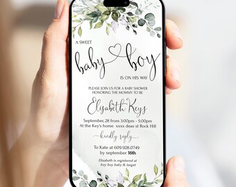 de Invitation électronique pour baby shower de verdure, Invitation par SMS pour baby shower, E-invitations pour baby shower d'eucalyptus modifiable en ligne | LE170