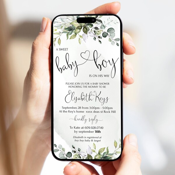 HEART - Baby Shower Electronic Invitation Template, Greenery Baby Shower Sms Invite, Editable Eucalyptus Baby Shower boys Online E- invite