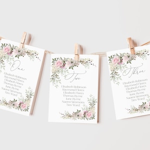 Modèle de cartes de table table table de mariage rose thé, plan de salle à manger imprimable rose pâle, plan de table suspendu, table table, plan de table, modèle de carte
