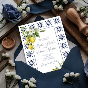 Mediterranean Wedding Invitation Template Blue Tiles Lemon Italian Tuscan Theme Diy Invites