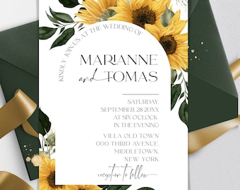 Plantilla de invitación de girasol para boda rústica floral digital descargable, invitaciones de boda imprimibles de jardín campestre