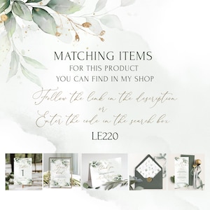 May include: A set of printable wedding stationery with a green and gold watercolor design. The set includes a table number card, a guest book sign, a thank you card, an envelope, and a menu card. The text on the cards reads "Table 1", "Guest Book", "Thank you for celebrating with us", and "Menu".
