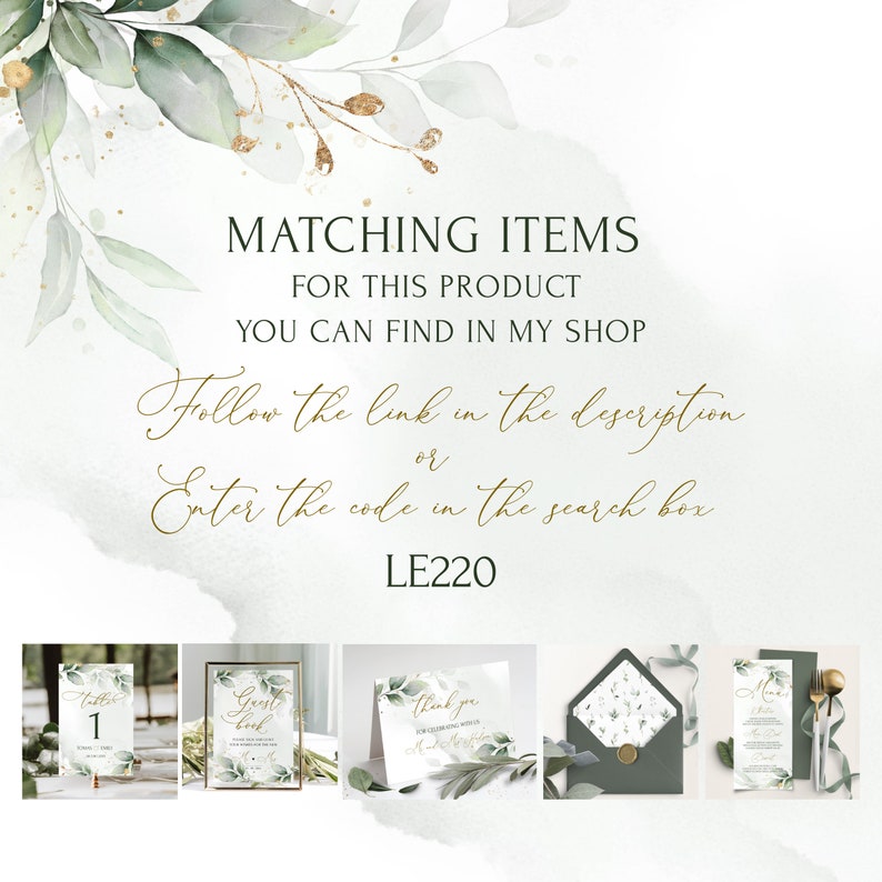 May include: A set of printable wedding stationery with a green and gold watercolor design. The set includes a table number card, a guest book sign, a thank you card, an envelope, and a menu card. The text on the cards reads "Table 1", "Guest Book", "Thank you for celebrating with us", and "Menu".