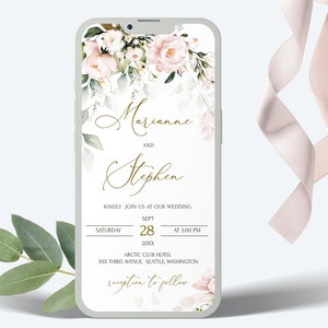 Blush Pink Digitale Hochzeitseinladungsvorlage Weiche rosa Blumen Hochzeit iPhone einladen, bearbeitbare Handy lädt ein, Smartphone Text ROSIE LE350