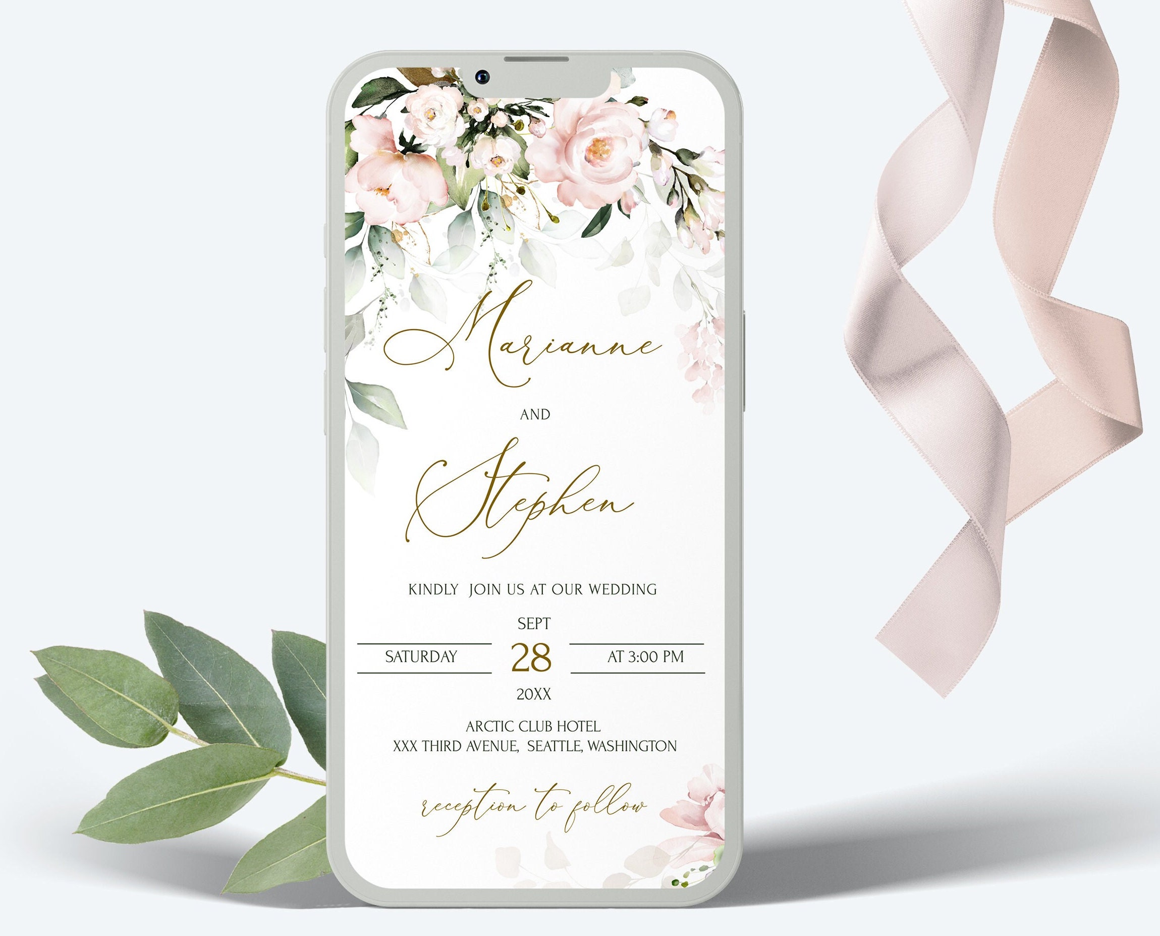 Blush Pink Floral Wedding Invitation Template: Editable Smartphone Invite  ROSIE LE350 - Etsy, image size:2299x1855