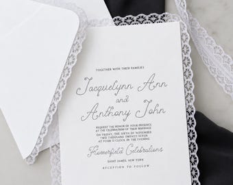 Lace Wedding Invitation Suite, Cotton Paper Invitations, Embroidered Script, Elegant White Wedding Stationery