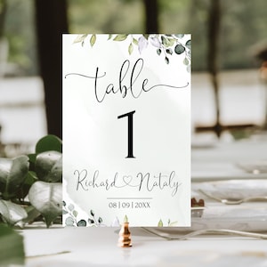 Plantilla de números de mesa, tarjeta imprimible con números de mesa para bodas con vegetación, números de mesa de eucalipto editables, hojas verdes HEART / LE170