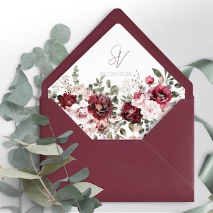 Weinroter Umschlag Liner Vorlage, druckbare Rebe Blooming Liner Umschlag, Elegante Hochzeit Briefpapier, Hochzeit Liner Marsala