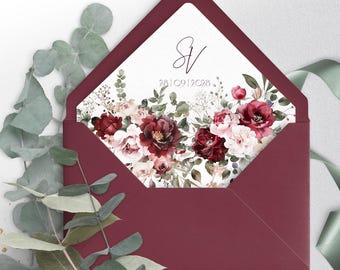 Burgundy Floral Wedding Envelope Liner Template (Printable)