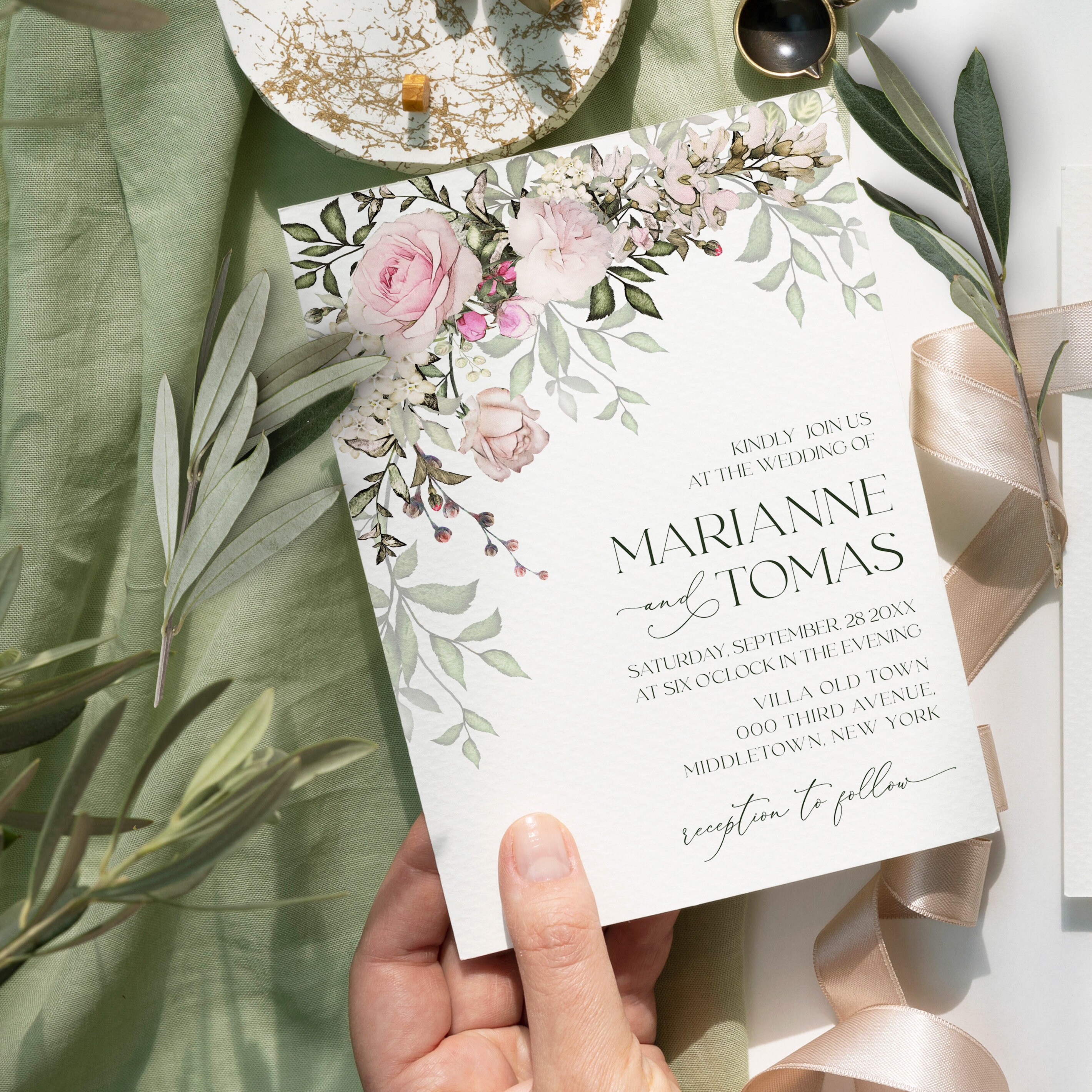 TEA ROSE Wedding Invitation Template Blush Pink Flowers Printable ...