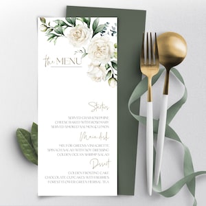 Modèle de menu de mariage IVOIRE | carte de menu imprimable fleurs blanc crème | Menu de mariage modifiable moderne, Menu du dîner Saint | LE280