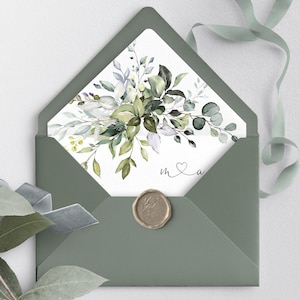 Botanische Umschlag-Liner-Vorlage | Grüne Eukalyptus druckbare Umschlageinlagen | Bearbeitbarer Greenery Liner für Umschlag HERZ | LE170
