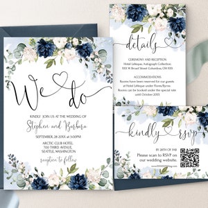 We Do Wedding Invitation Bundle Template, Printable Royal Blue Flowers Invite Set, Qr code Rsvp, Editable  Floral Wedding Invite OTTO LE300