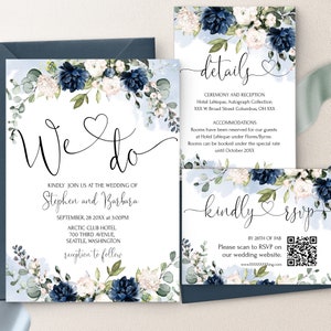 We Do Wedding Invitation Bundle Template | Printable Dusty Blue Flowers Invite Set |  Qr code Rsvp | Editable Floral Wedding Invite | OTTO