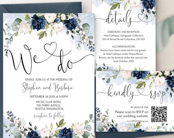 We Do Wedding Invitation Bundle Template | Printable Dusty Blue Flowers Invite Set |  Qr code Rsvp | Editable Floral Wedding Invite | OTTO