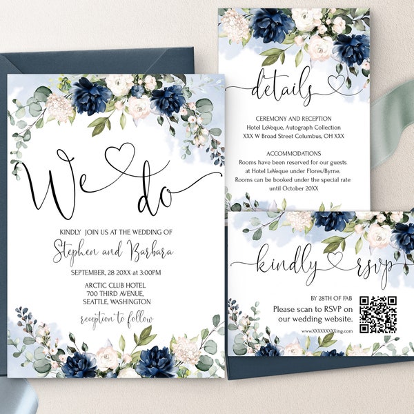 We Do Wedding Invitation Bundle Template | Printable Dusty Blue Flowers Invite Set |  Qr code Rsvp | Editable Floral Wedding Invite | OTTO