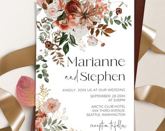 Terracotta Wedding Invitation Template: Burnt Orange Floral Boho (Printable)