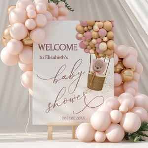 TEDDY BEAR Baby Shower Welcome Sign Pink Balloons Bear Baby Shower Poster | We can bearly wait | Printable Soft Pink Shower Sign Template