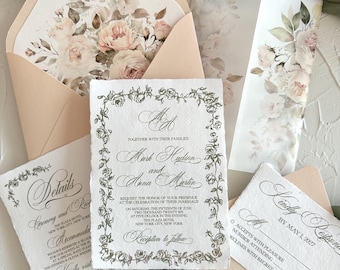 Peach Wedding Invitation Set, Handmade Cotton Paper, Deckled Edge