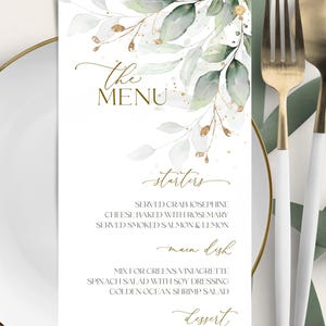 Groene bruiloft menusjabloon | Afdrukbaar modern menu en bedankkaart | Eucalyptusdinermenu | Saliegroene menukaart bruiloft | GENADE | LE220