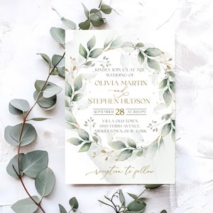 Hochzeitseinladung Vorlage | Grünes Golddesign | Grünes Eukalyptus | Versuchen Sie vor dem Kauf | Grüne Blätter Einladung | GNADE | LE220