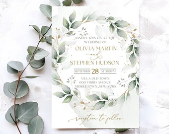 May include: A wedding invitation with a green and gold watercolor wreath design. The invitation reads "Kindly join us at the wedding of Olivia Martin and Stephen Hudson, September 28 at 3:00 PM, Villa Old Town, 000 Third Avenue, Middletown, New York, reception to follow."