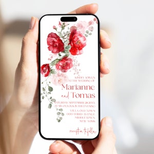 Puede incluir: Una invitación de boda roja y blanca con un diseño floral. La invitación dice "Amablemente únase a nosotros en la boda de Marianne y Tomas. Sábado, 28 de septiembre de 20XX a las seis en punto de la tarde. Villa Old Town, 000 Third Avenue, Middletown, Nueva York. Recepción a continuación."