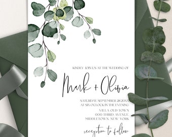 Faire-part de mariage minimaliste élégant d'eucalyptus | Faire-part de mariage moderne imprimable | Faire-part de mariage de verdure | Invitation minimaliste | EVA