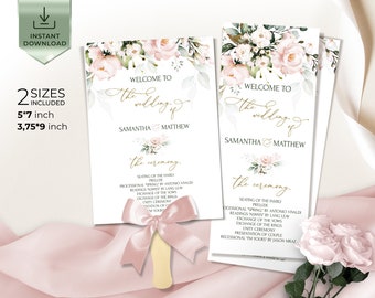 ROSE -  Editable Program Template, Soft Pink Flowers Printable Wedding Program, Blus Pink Wedding Programs Ceremony, Order of Service