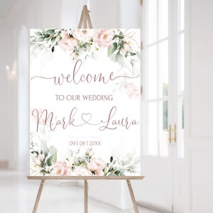 Panneau de bienvenue pour mariage rose poudré | Poster de bienvenue modifiable rose tendre | Tableau de bienvenue de mariage imprimable floral | Modèle modifiable ROSE LE270