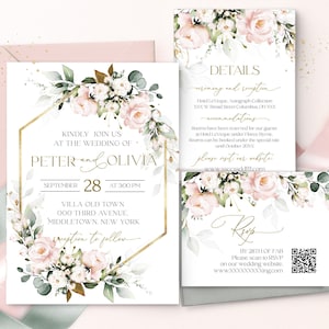 Blush Pink Hochzeitseinladung Bundle Vorlage, druckbare Soft Pink Hochzeit einladen Reihe, bearbeitbare rosa Rose Hochzeit lädt ein Set ROSIE LE350