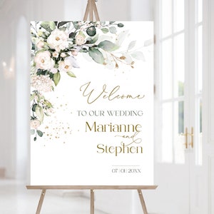 Panneau de bienvenue pour mariage fleurs blanches Bloom | Poster de bienvenue modifiable ivoire | Modèle modifiable de tableau de bienvenue de mariage floral imprimable | Saint