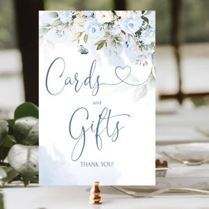 Kaarten en cadeaus Afdrukbaar bord bruiloft blauwe tafel cadeaubord, afdrukbare bruids babyshower kaarten en cadeaus