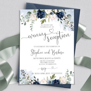 Blue Flowers Evening Reception Invitation Template | Royal Blue Wedding Evening Reception Guest | Bloom  blue Editable Printable OTTO LE300