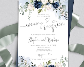 Blue Flowers Evening Reception Invitation Template | Blue Navy Wedding Evening Reception Guest | Bloom soft blue Editable Printable