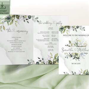 May include: Wedding ceremony program with green and white floral designs. The program includes the order of events for the ceremony and the wedding party. The text reads "the ceremony" and "the wedding party".