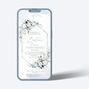 Modello di invito digitale per battesimo blu Invito elettronico per battesimo azzurro chiaro Scarica invito online modificabile per battesimo avorio per iPhone LE100