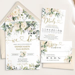 We Do Wedding Invitation Bundle Template / Set di inviti per matrimonio Creamy Rose stampabili, codice QR Rsvp, invito per matrimonio floreale MIA / LE150