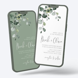 Op de afbeelding: Twee groene en witte telefoonmockups met een ontwerp voor een huwelijksuitnodiging. De uitnodiging heeft een aquarelontwerp met een eucalyptus tak en de tekst "Kindly join us at the wedding of Mark + Olivia" met de details van de datum, tijd en locatie.