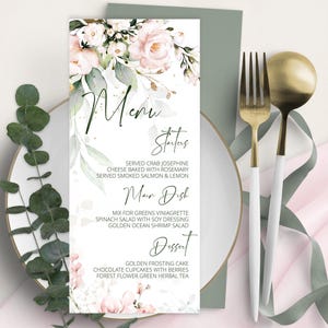 Szablon menu w kolorze różowym | Karta menu do wydrukowania w kolorze różowej róży | Nowoczesne menu weselne | Szablon menu kolacji | Wypróbuj przed zakupem | ROSIE LE350