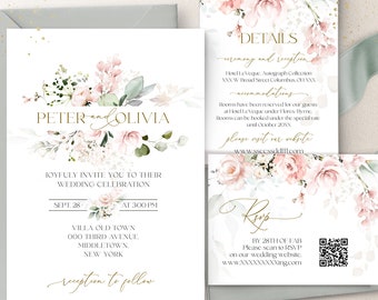 May include: Wedding invitation with a floral design featuring pink and green watercolor flowers. The invitation includes the names Peter and Olivia, the date September 28th, the time 3:00 PM, the location Villa Old Town, 000 Third Avenue, Middletown, New York, and the text "reception to follow".